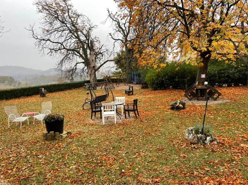 Il giardino in autunno, con i castagni e le foglie cadute